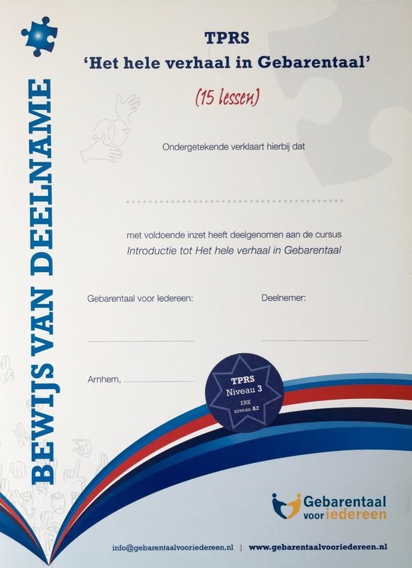 Bewijs van deelname - TPRS &quot;Het hele verhaal in Gebarentaal&quot; niveau 3