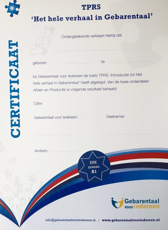 Certificaat - TPRS &quot;Het hele verhaal in Gebarentaal&quot; niveau 1