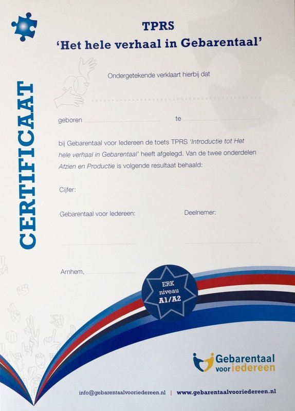 Certificaat - TPRS &quot;Het hele verhaal in Gebarentaal&quot; niveau 2