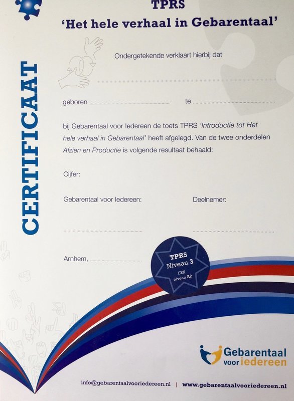 Certificaat - TPRS &quot;Het hele verhaal in Gebarentaal&quot; niveau 3