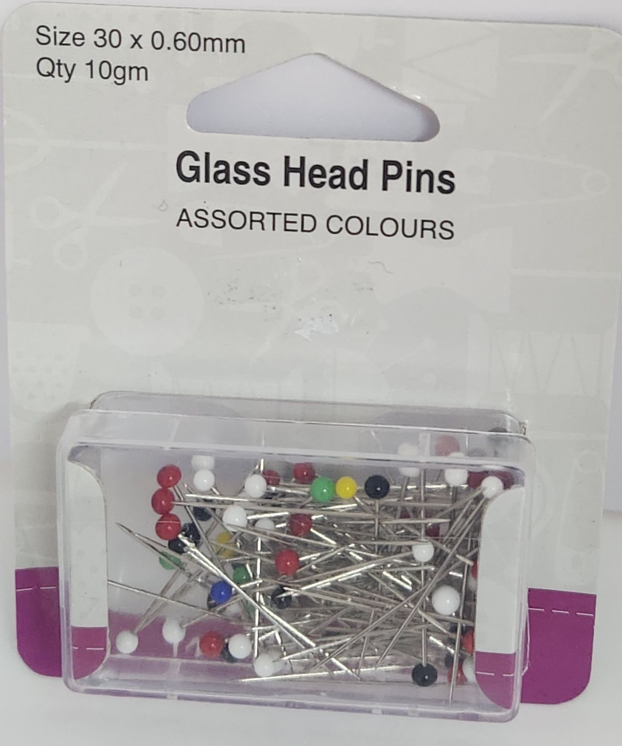 Glass Head Pins Pack 10g Size 30 .60mm  Assorted Colours