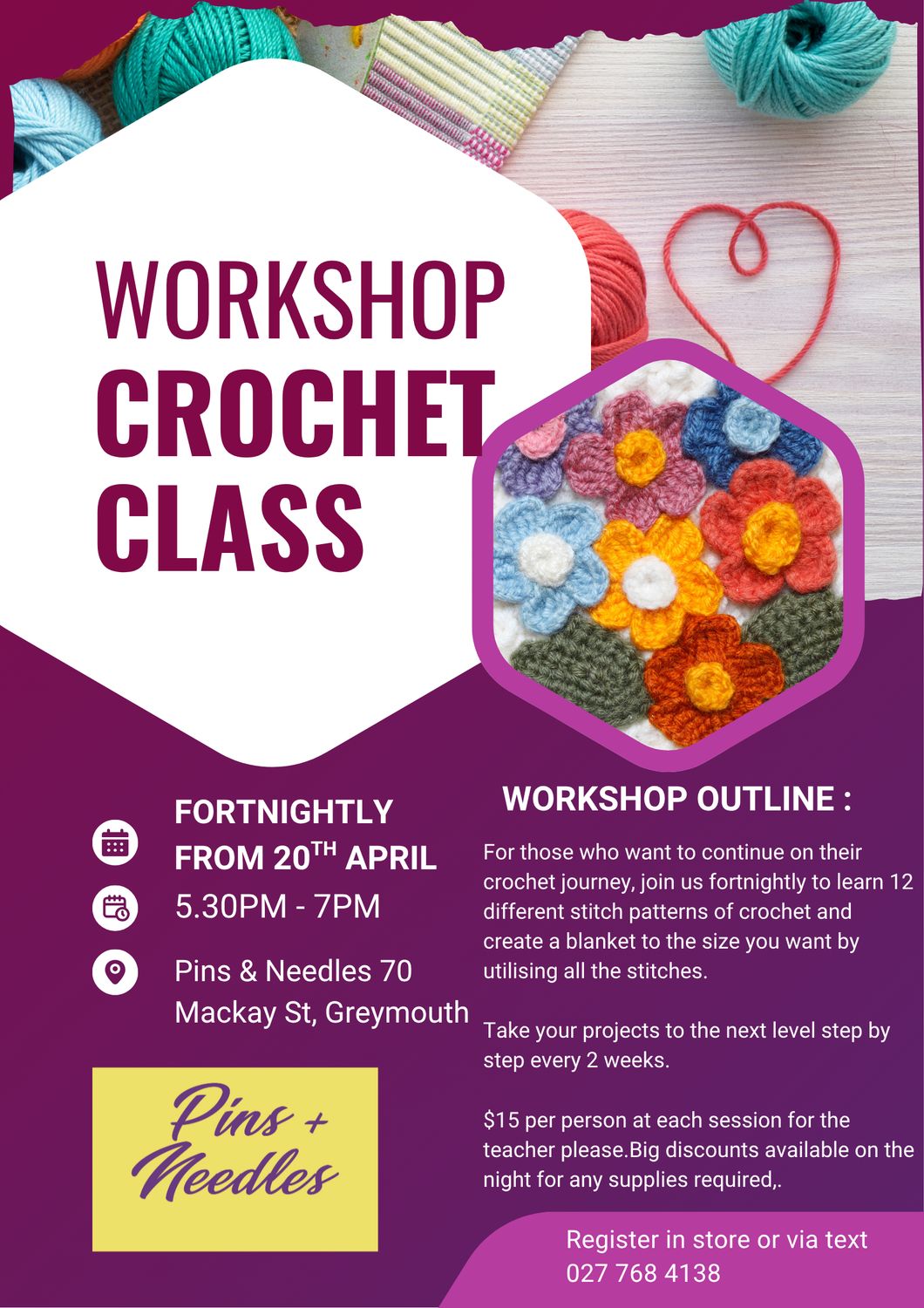 Last 2 Classes -  Crochet Wool Blanket 12 Stitch Workshop - 21st Sept
