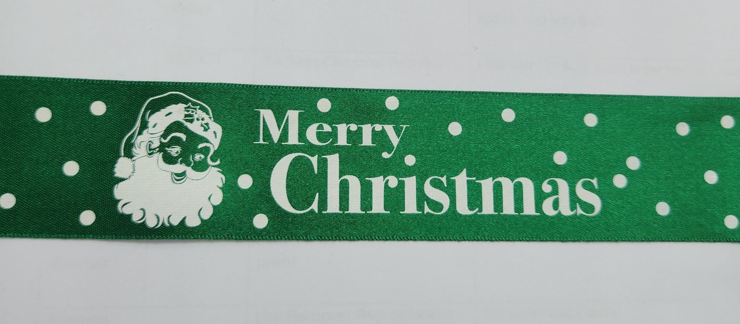 Food Grade Safe Merry Christmas in White Print on  Green Double Faced Satin Ribbon 35mm Width, Price per metre