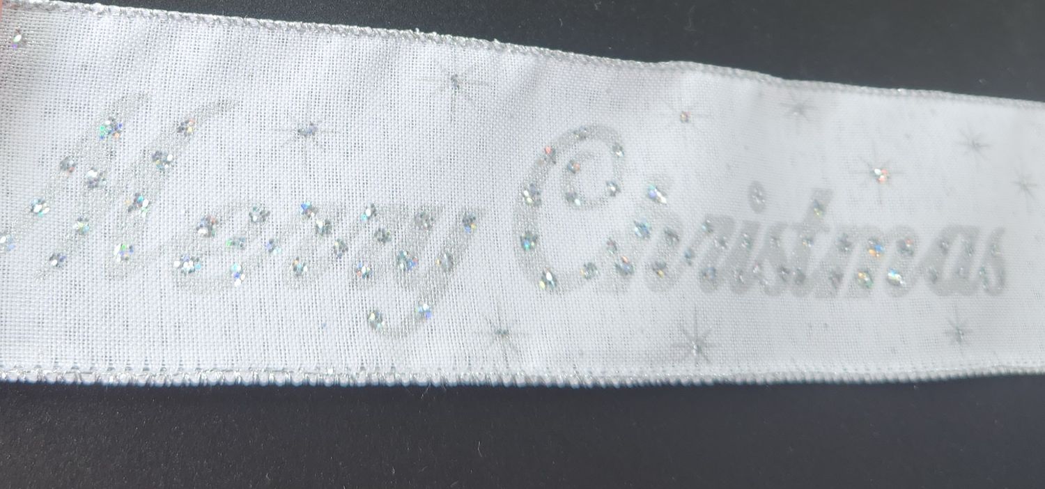 White and SilverMerry Christmas with Glitter Detail Ribbon 64mm Width, Price per metre