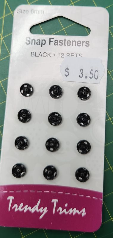 Snap fasteners 6mm black 12 sets