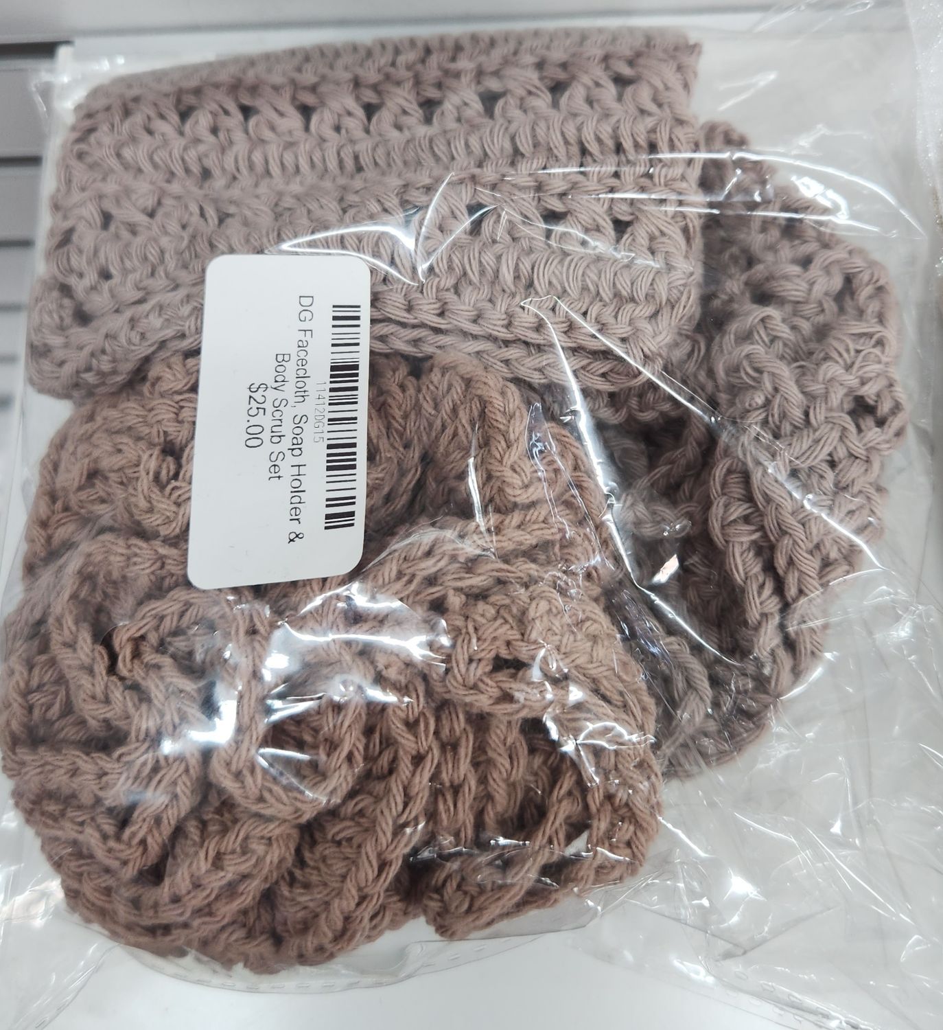 Handmade Crocheted Facecloth, Soap Holder &amp; Body Scrub Set