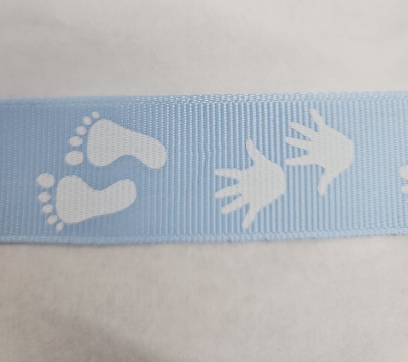 Blue Baby Foot/Hand Print Grosgrain Ribbon 25mm Width, Price per metre