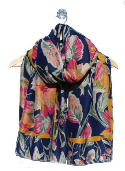 Large Flower Print Scarf - Navy/Mustard, Pink