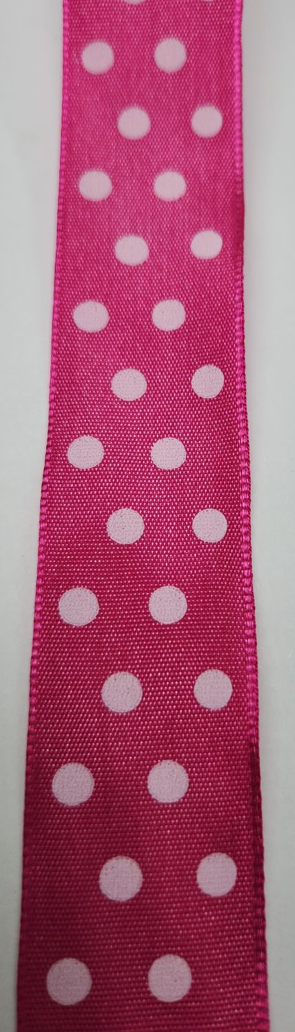 Pink with White Spot Ribbon with Wire Edge 25mm Width, Price per metre
