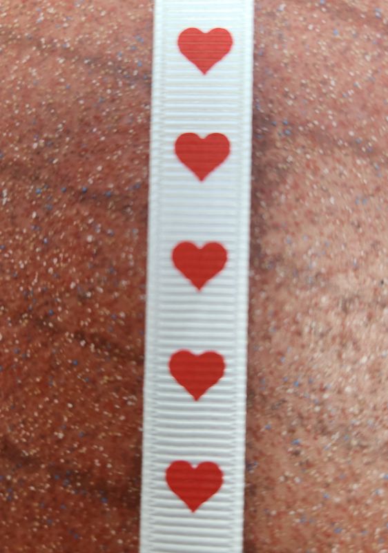 Red Hearts on White Grosgrain Ribbon 10mm Width, Price per metre