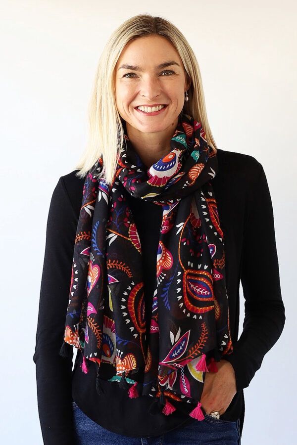 Lightweight Black Multi Flower &amp; Leaf Tassel Scarf
