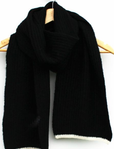 Wool Blend Ribbed Scarf with Border - Black / Winter White
