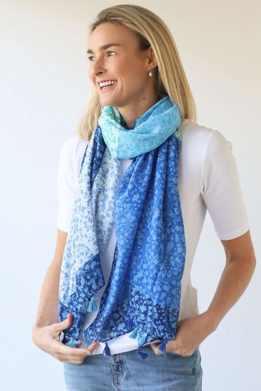 Paneled Tassel Scarf - Blues