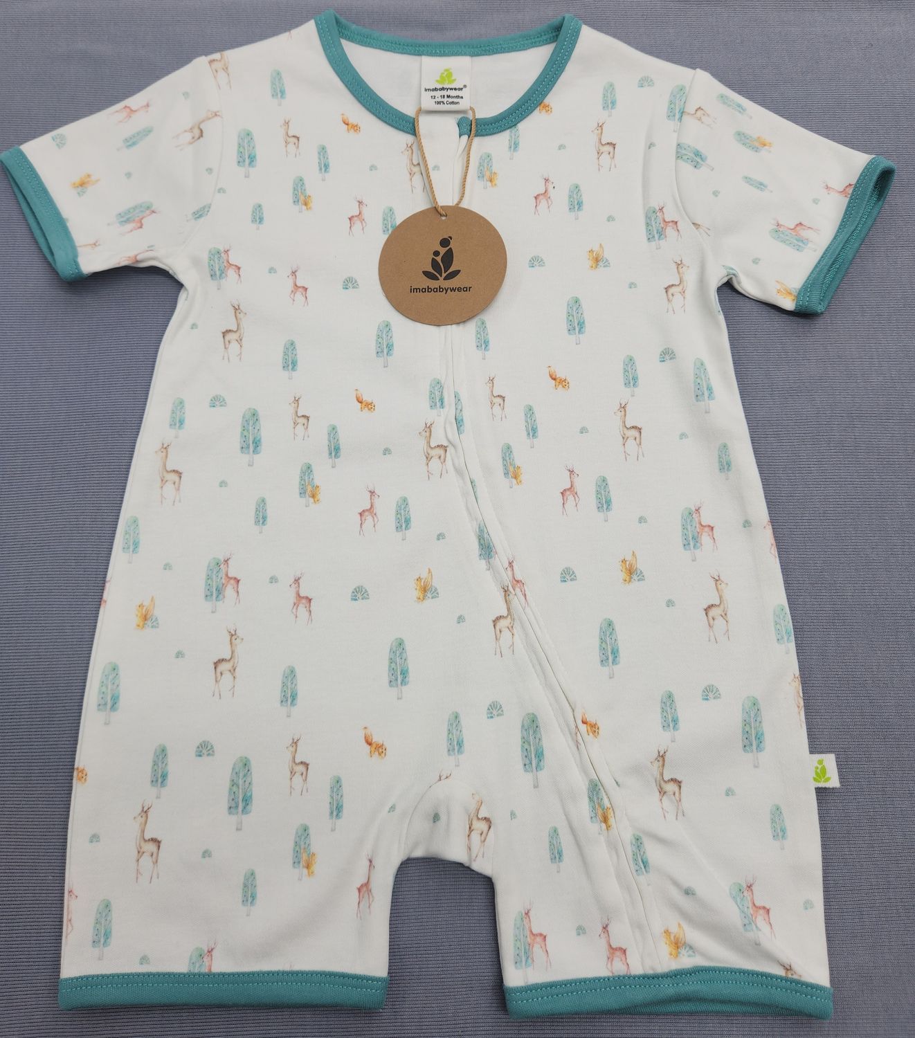 imababywear Short Sleeve Zip Body Suit Theme Taiga Deer 9 to 12 months