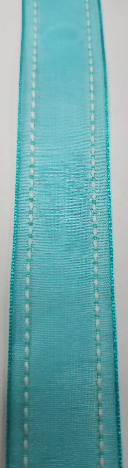Teal Organza Ribbon with White Stitch 22mm Width, Price per metre