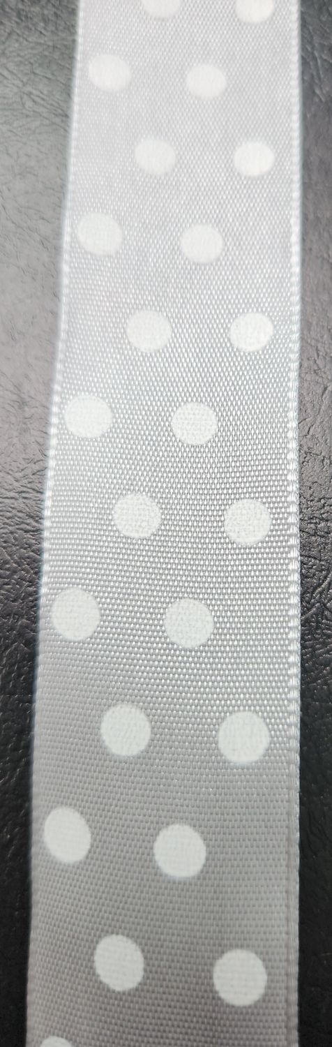 Silver with White Spot Ribbon with Wire Edge 25mm Width, Price per metre