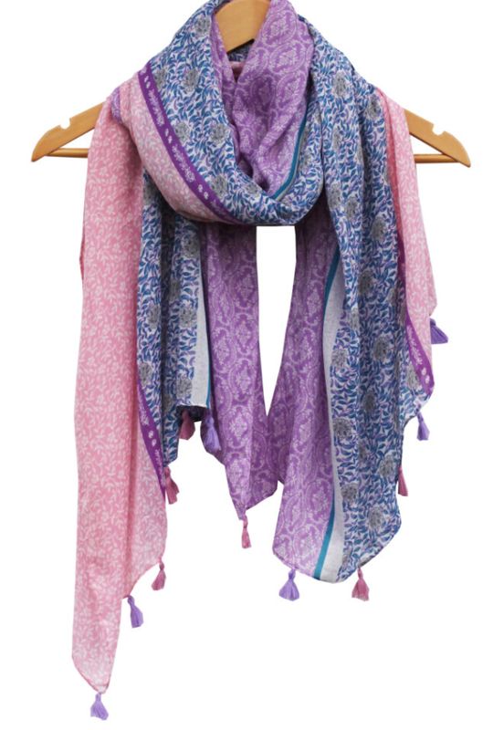 Three Panel Tasselled Scarf - Pink, Lilac, Navy