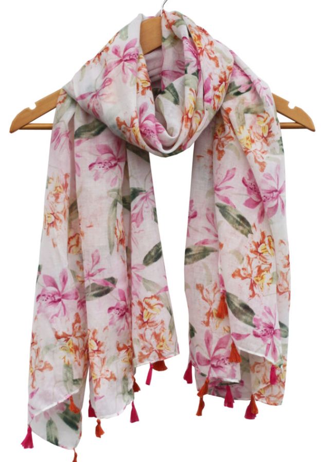 Summer Floral Print Scarf with Tassels