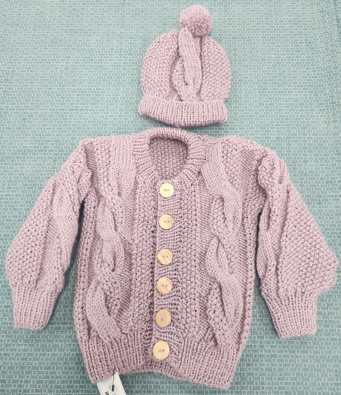 Cable Cardigan &amp; Hat 3-6months  100% Baby Merino