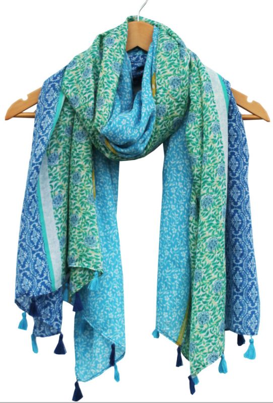 Three Panel Tasselled Scarf - Aqua/Navy/Green