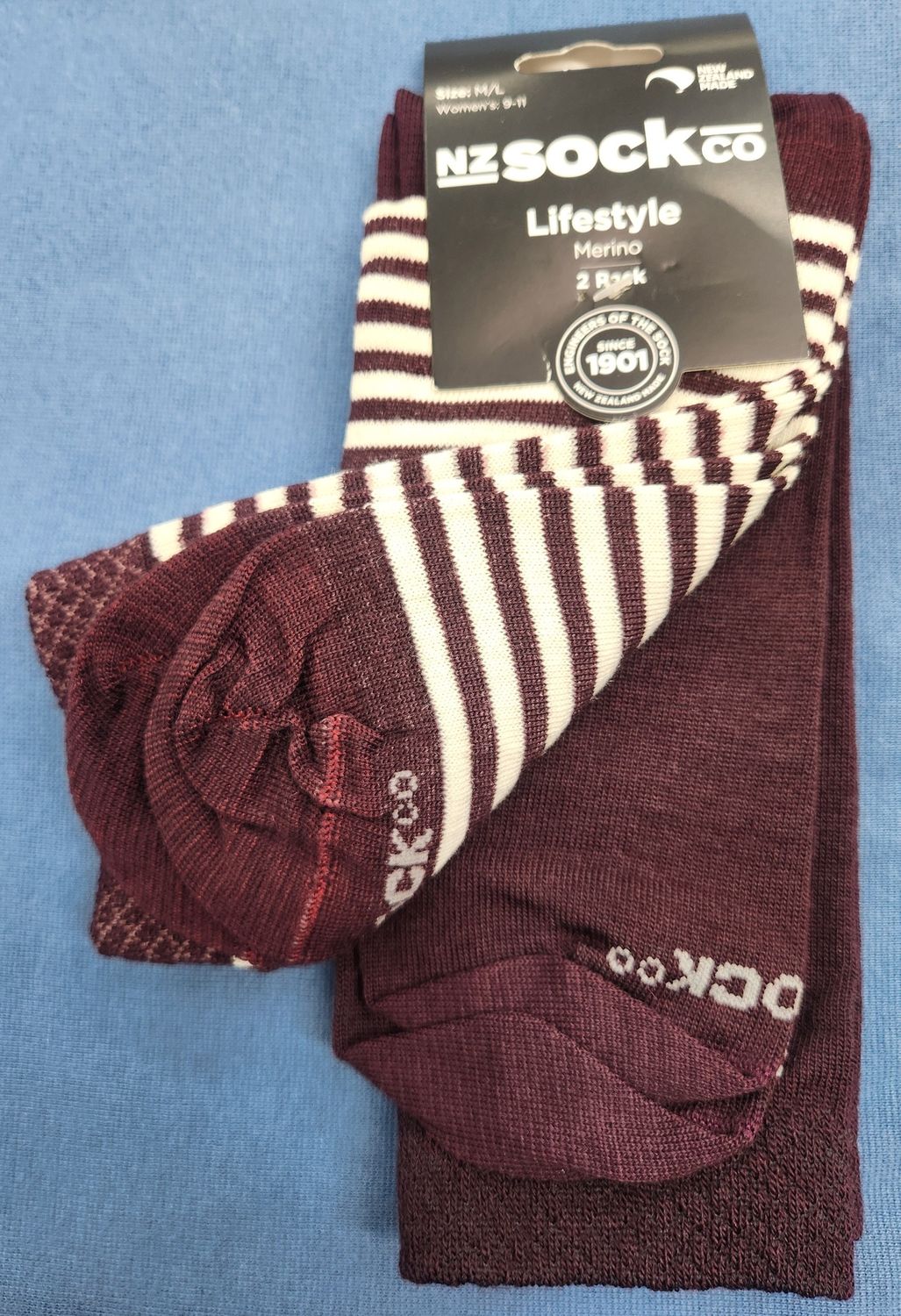NZ Lifestyle Merino Socks - Stripes Plain 2 Pack Size M/L