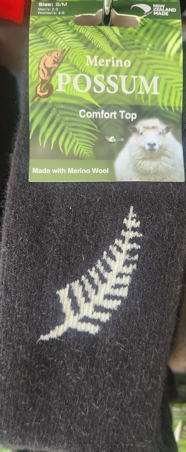 NZ Possum Merino NZ Fern Socks - Colour Black - Size S/M