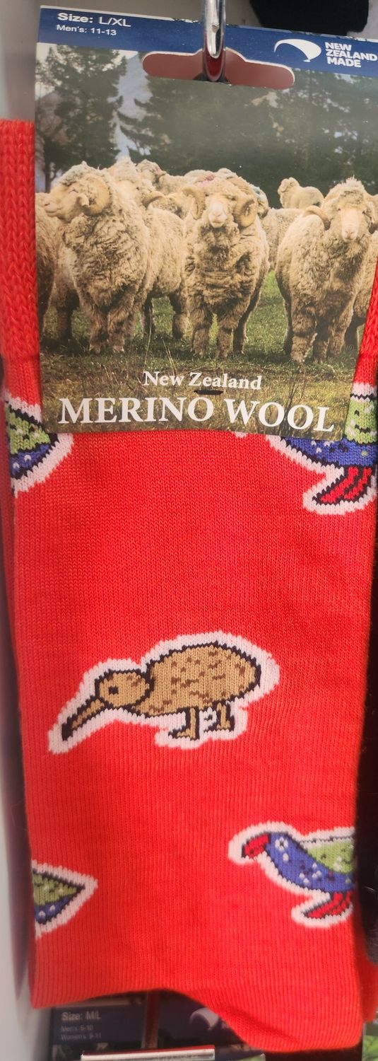 NZ Merino Wool Socks - Bird Themed - Colour Red - Size L/XL