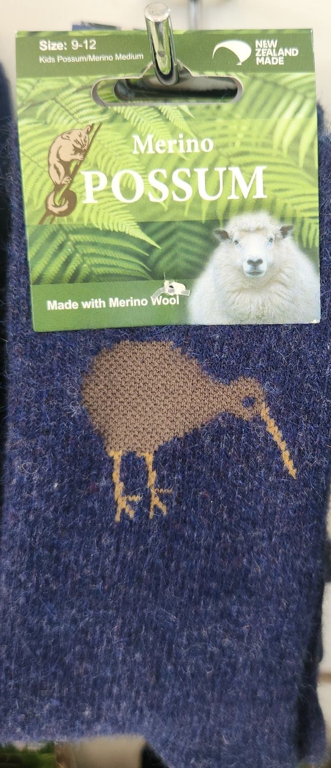 NZ Possum Merino Socks Kiwi Themed - Colour Denim  - Childrens Size 9-12