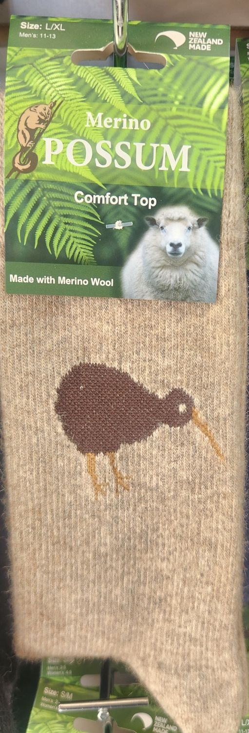 NZ Possum Merino Socks Kiwi Themed - Colour Natural - Size L/XL