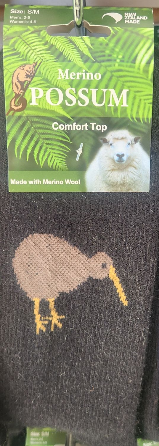 NZ Possum Merino Socks Black Kiwi Size S/M