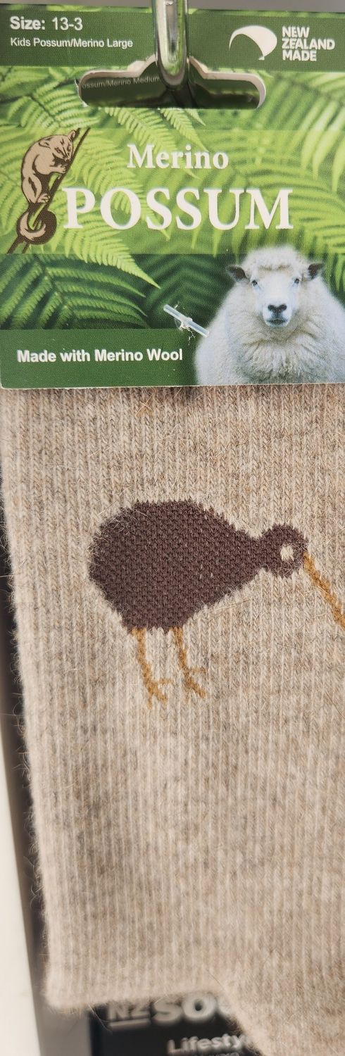 NZ Possum Merino Socks Kiwi Themed - Colour Natural - Childrens Size 13-3