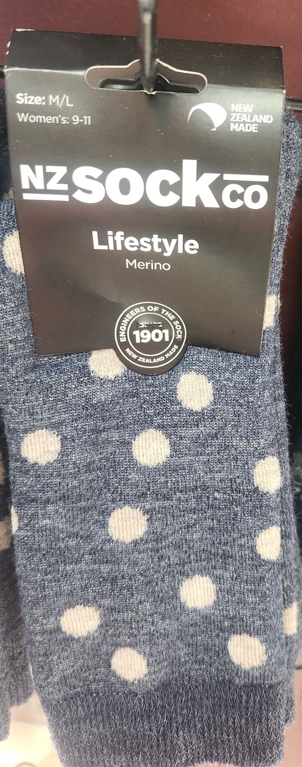 NZ Lifestyle Merino Socks Colour Thundercloud Full Cushion Spots - Size M/L