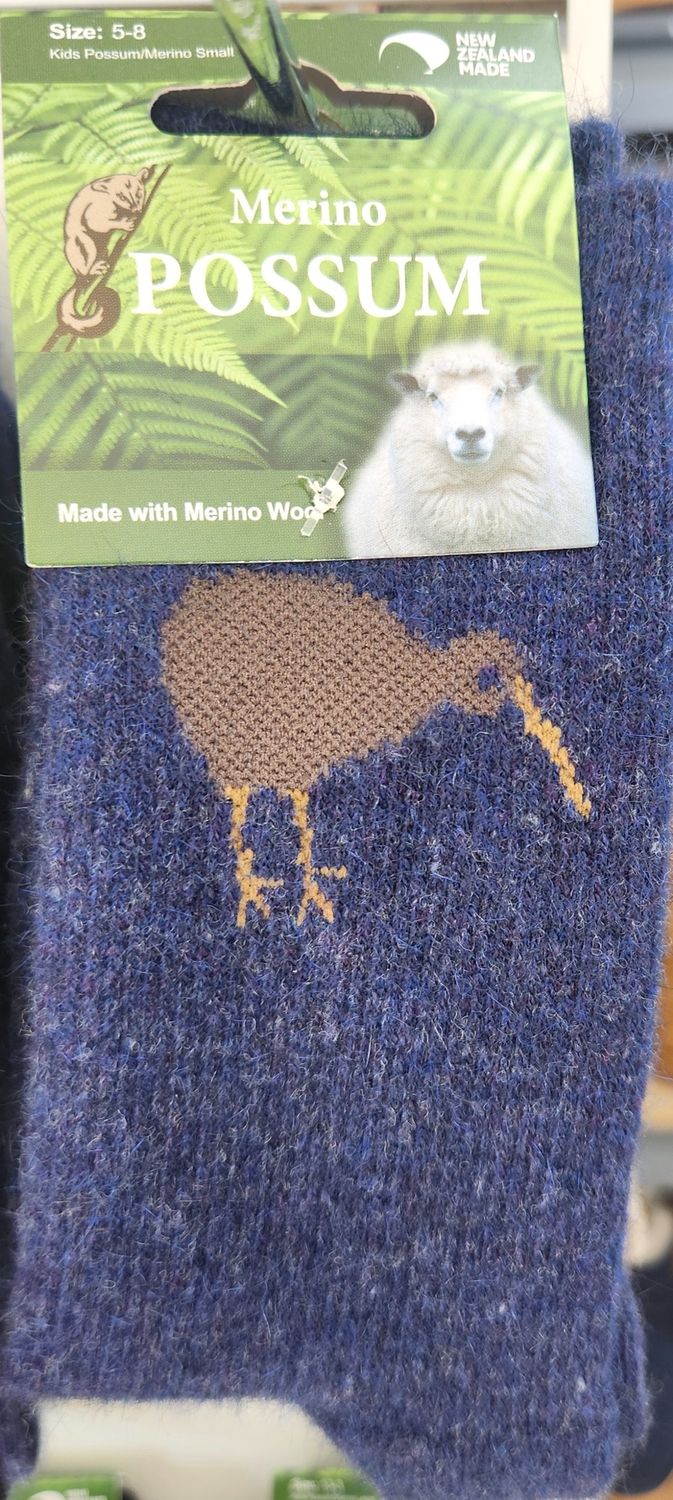 NZ Possum Merino Socks Kiwi Theme - Colour Denim - Childrens Size 5-8