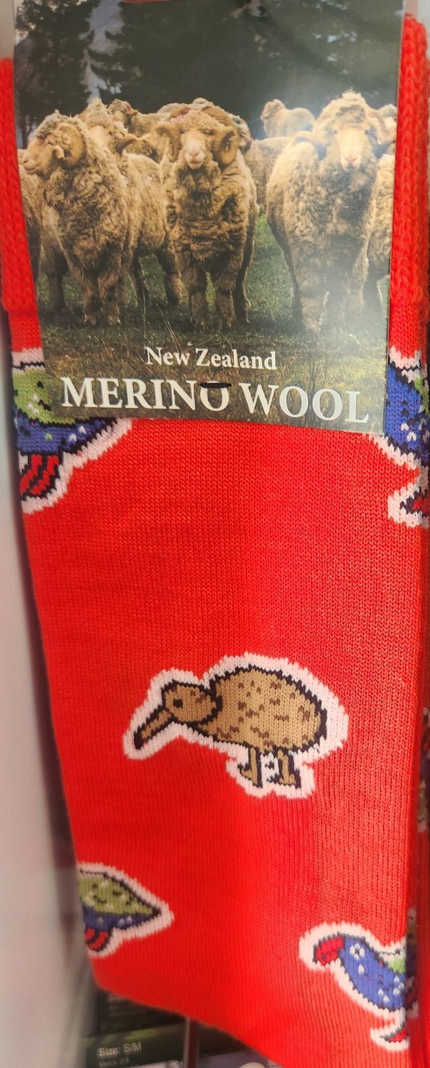 NZ Possum Merino Socks Birds Themed - Colour Red - Size M/L