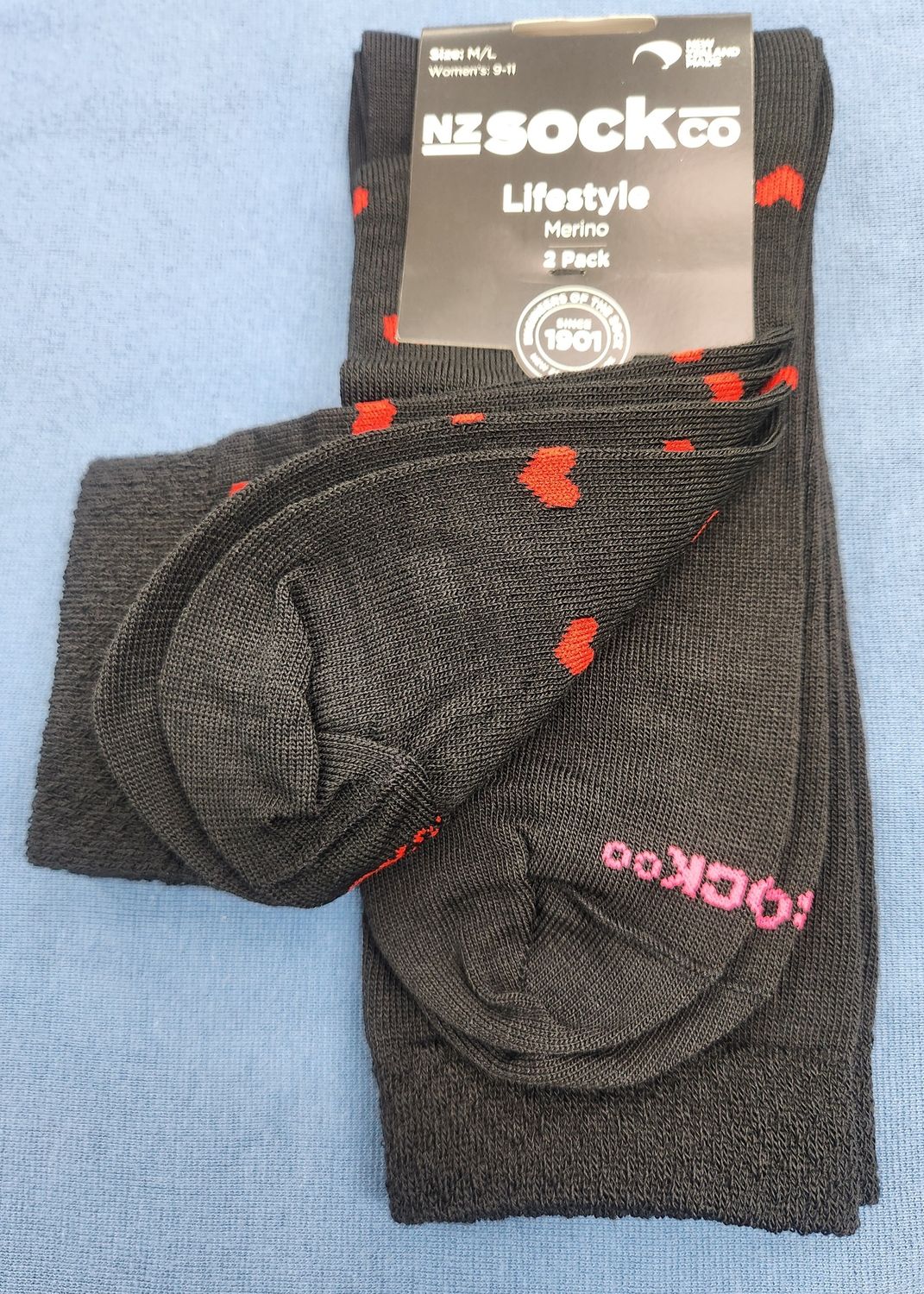 NZ Merino Socks - Hearts/Plain 2pk Size M/L