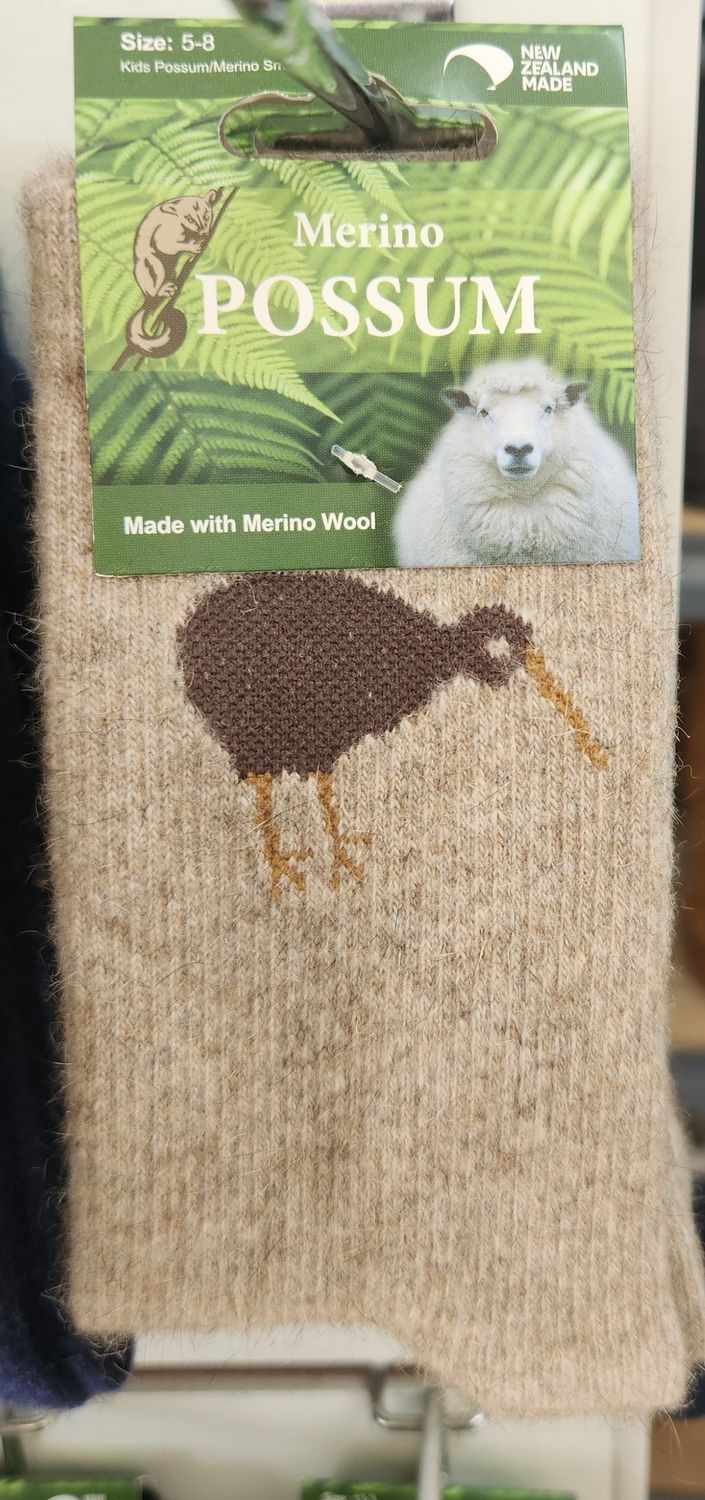 NZ Possum Merino Socks Kiwi Themed - Colour Natural - Childrens Size  5-8