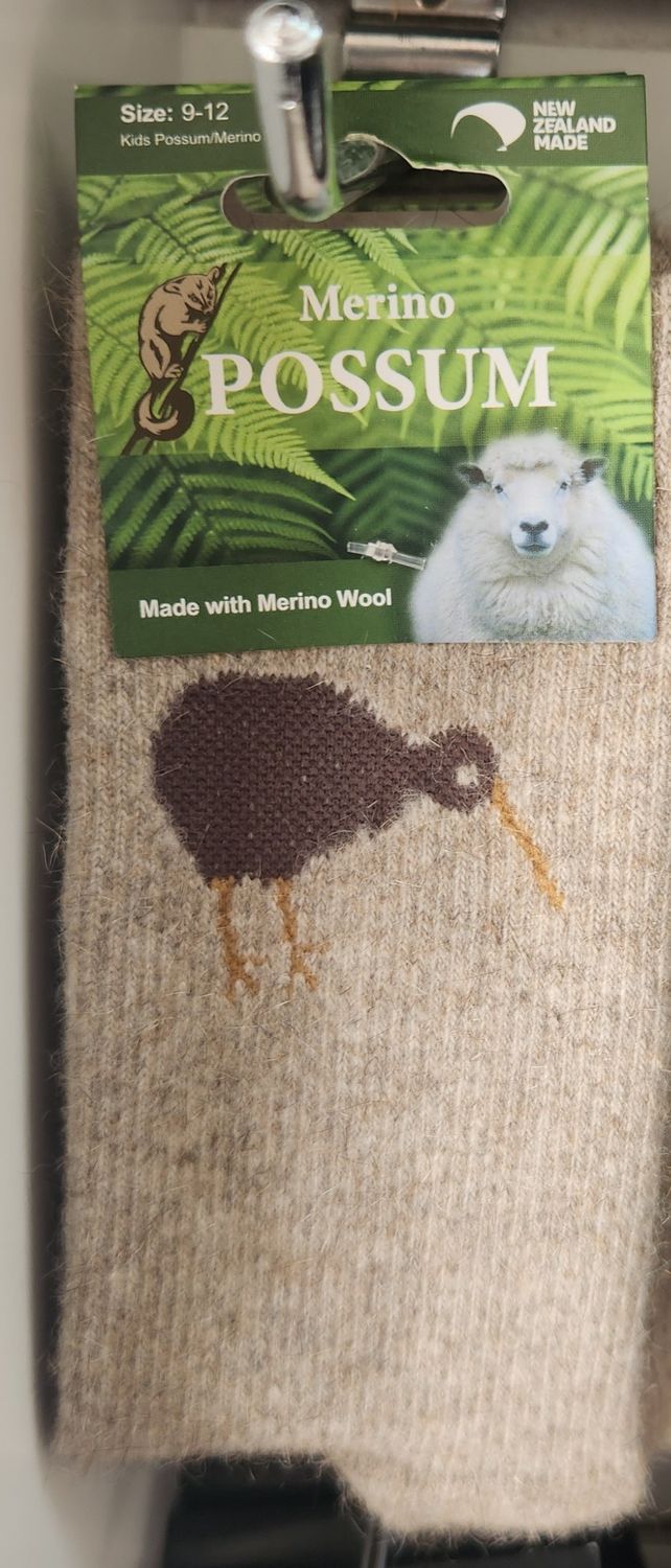 NZ Possum Merino Socks Kiwi Themed - Colour Natural - Childrens Size  9-12