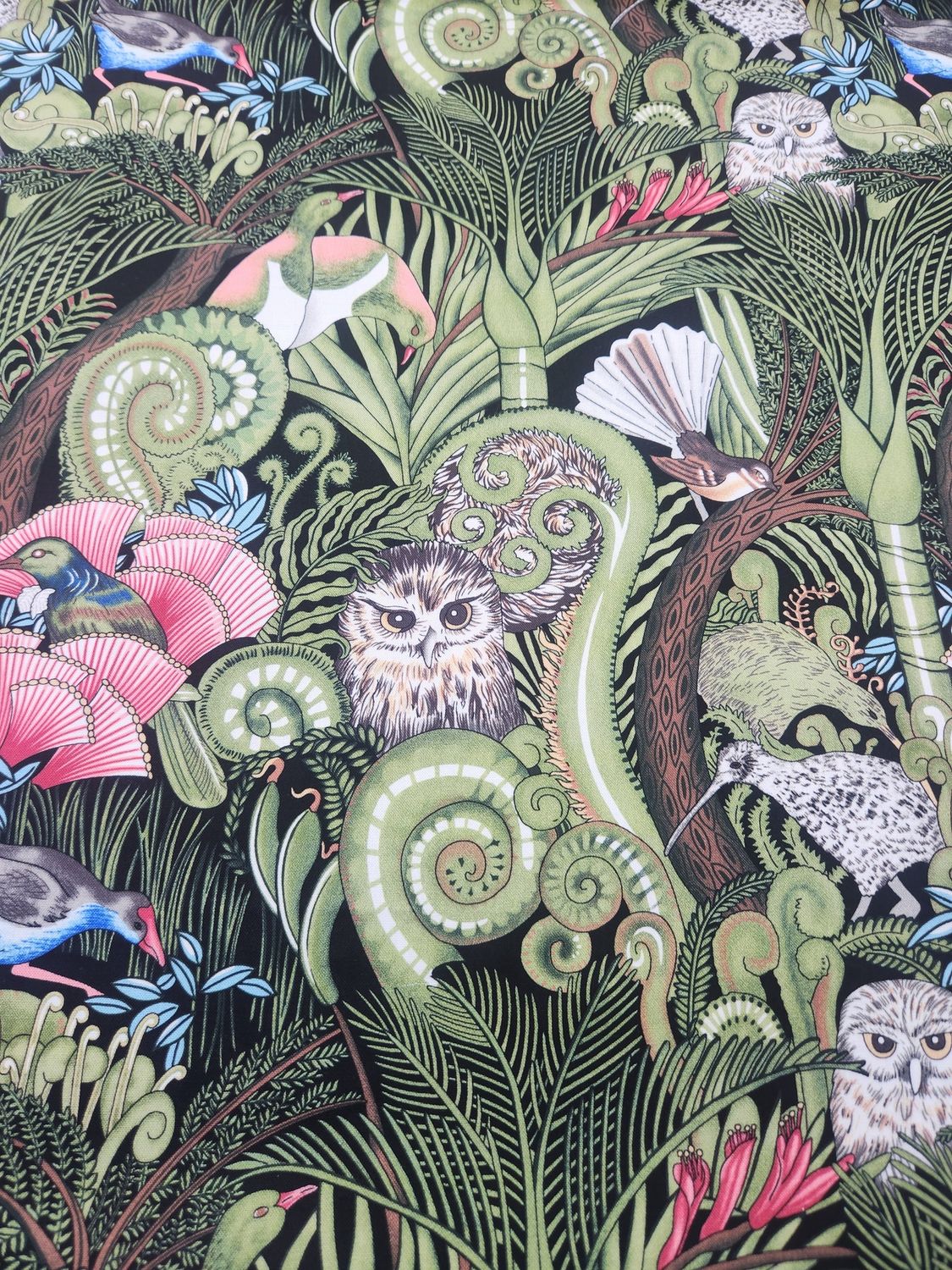 NZ Kiwiana Fabric - Forest Birds Onyx Per Metre