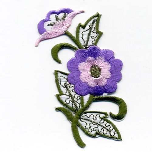 Iron on Motif Purple Flowers with Olive Stems and Leaves