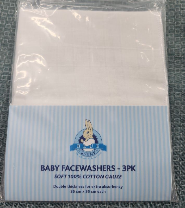 Blue Bunny Baby Face washers 3 pack Cotton Gauze