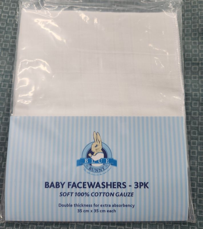 Blue Bunny Baby Face washers 3 pack Cotton Gauze