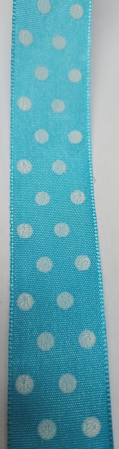 Turquoise Ribbon with White Spot Wire Edge 25mm per metre