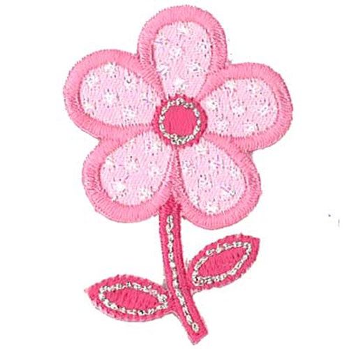 Iron on Motif Pink Daisy with Stem and Leaves