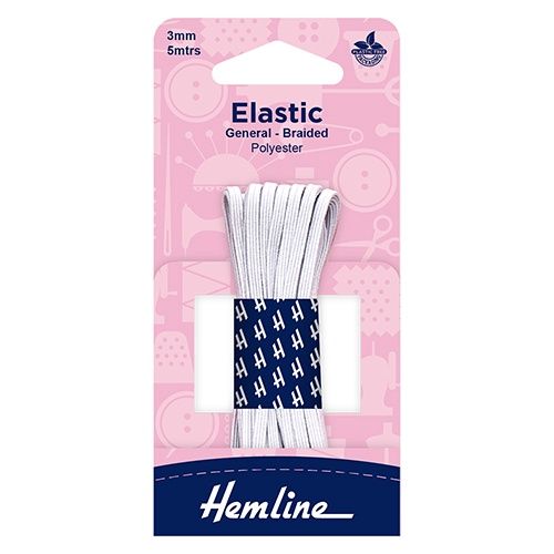 Hemline Braided Elastic 3mm width, 5m - White
