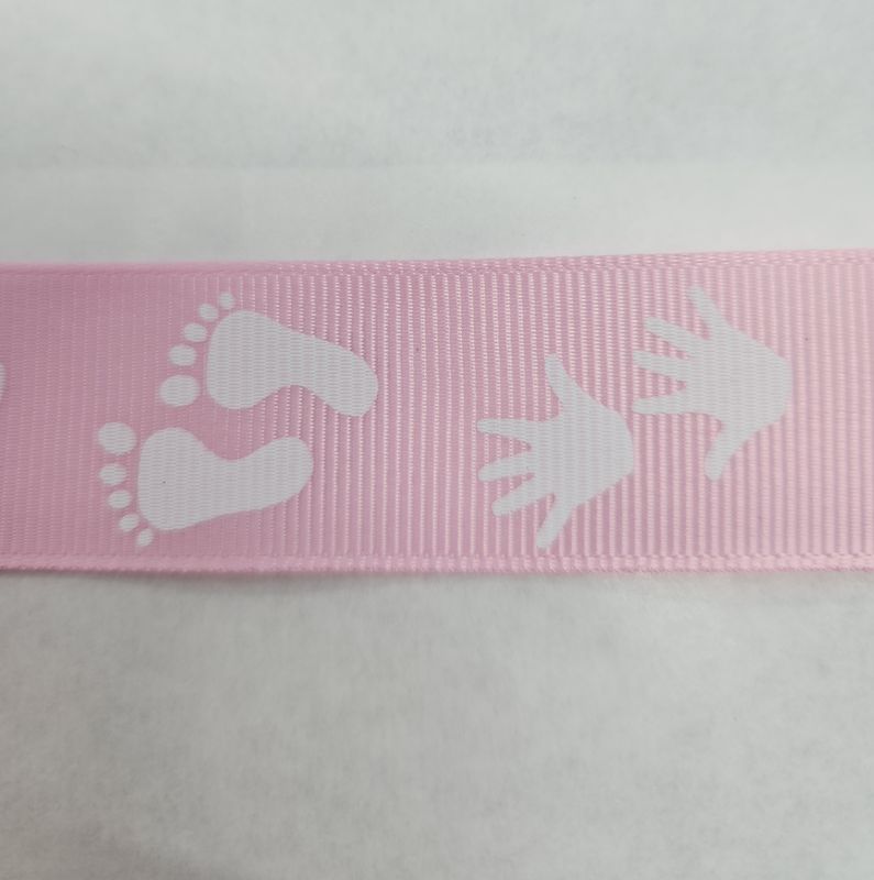 Pink Baby Foot/Hand Print Grosgrain Ribbon 25mm Width, Price per metre