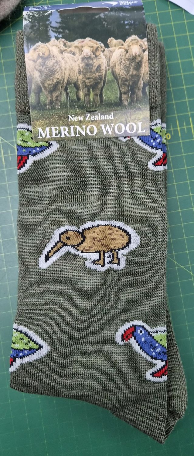 NZ Possum Merino Socks - Bird Themed Size M/L Olive