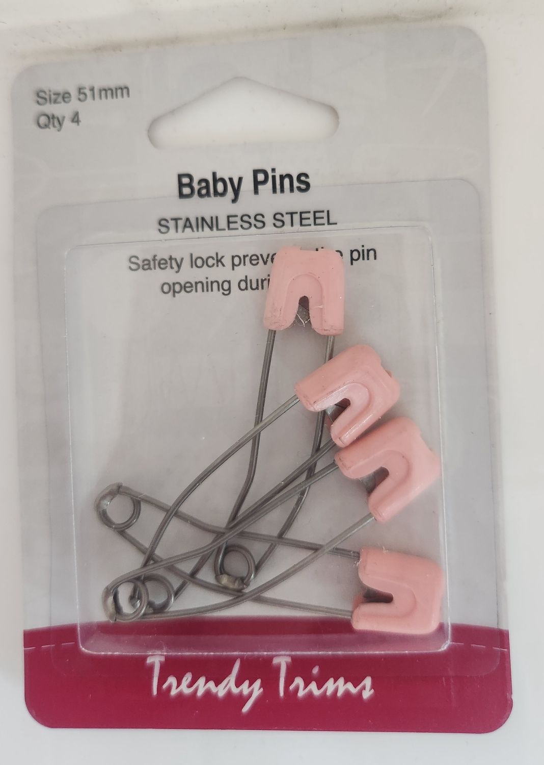 Baby Pins Size 51mm Quantity 4 - Pink