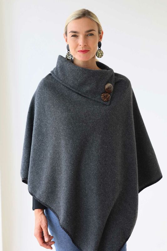 Charcoal Splice Neck Poncho with Button Detail