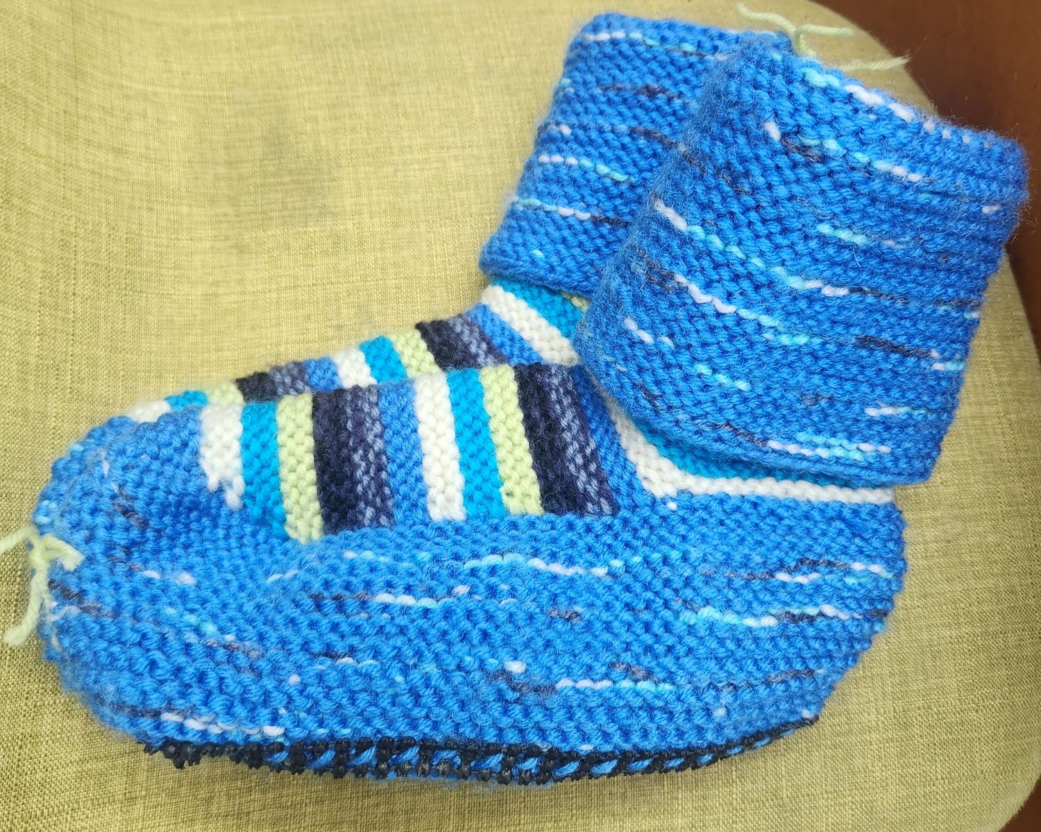 House Boots / Slipper Socks - Handmade - Large Size - Colour Blues &amp; White &amp; Yellow