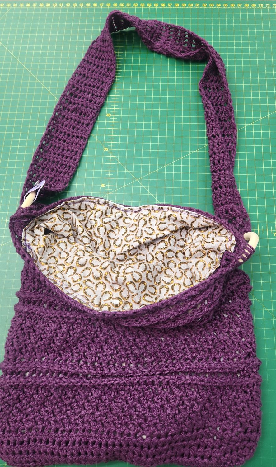 Lined Crochet Bag - Purple - Horse Shoe Fabric Lined